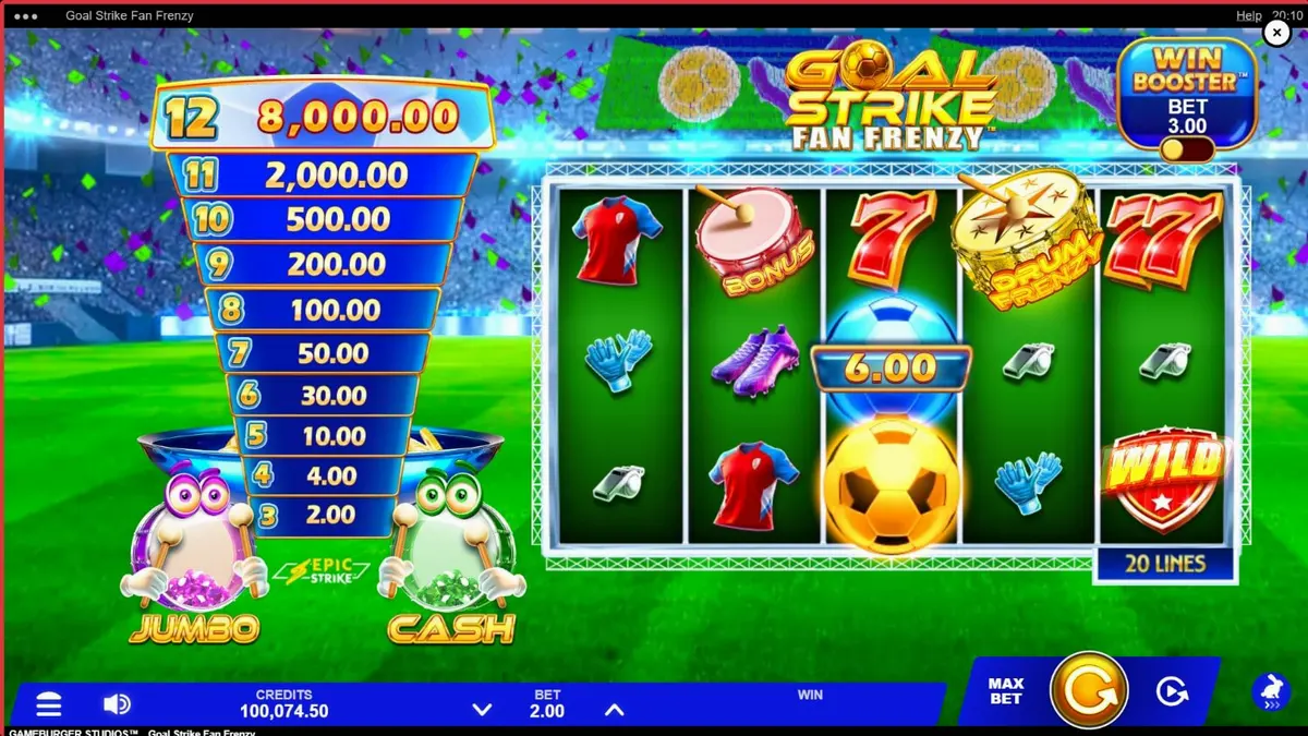 Isang makulay na stadium background para sa Goal Strike Fan Frenzy slot