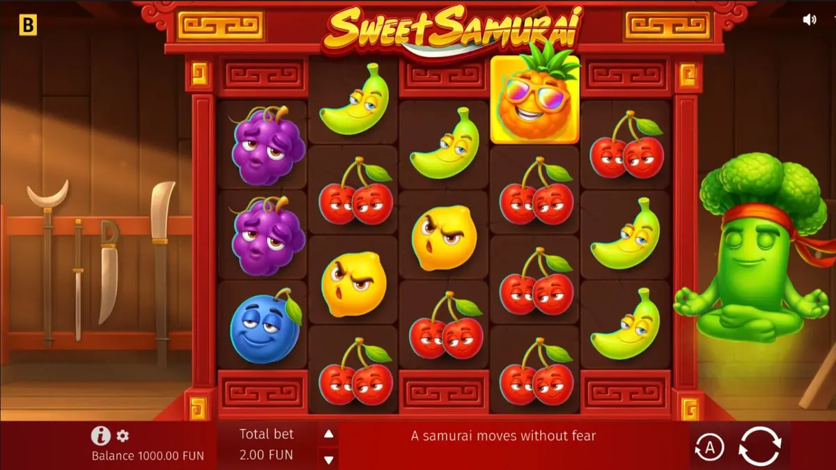 Sweet Samurai slot game screen na may Broccoli Samurai at makukulay na prutas